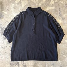 画像1: SHOULDER SHEER SWITCHED STUDS DECORATIVE S/S POLO SHIRT / Mens L  (1)