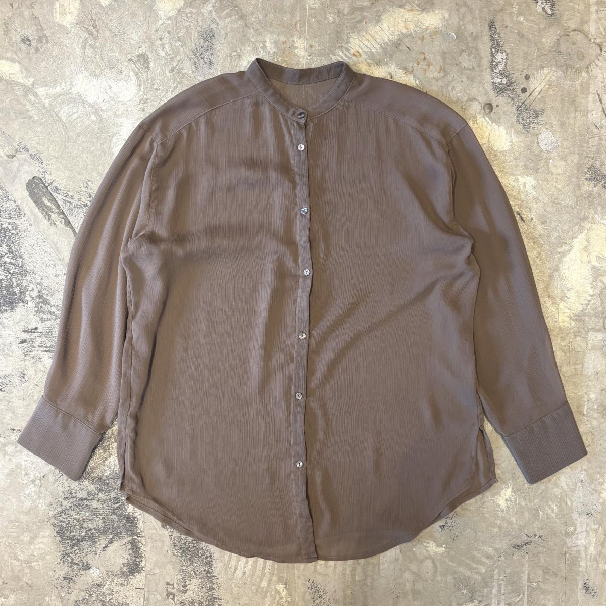 画像1: BROWN BAND COLLAR SHEER L/S SHIRT / Mens L (1)