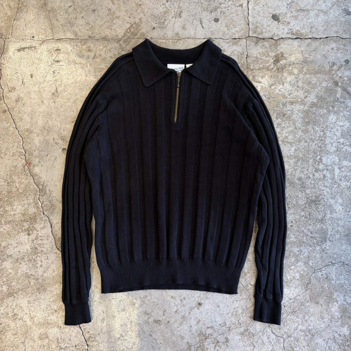 画像1: BLACK COLOR WIDE RIBBED KNIT POLO SWEATER / Ladies L  (1)