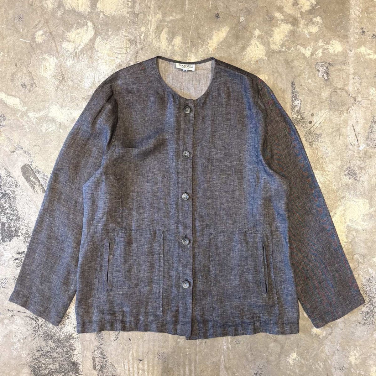 画像1: CHARCOAL NO COLLAR LINEN JACKET / Mens L (1)