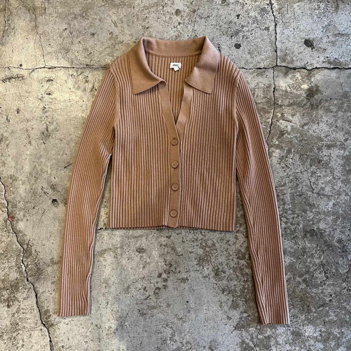 画像1: CAMEL COLOR RIB SHORT DESIGN KNIT CARDIGAN / Ladies XS~S(S) (1)