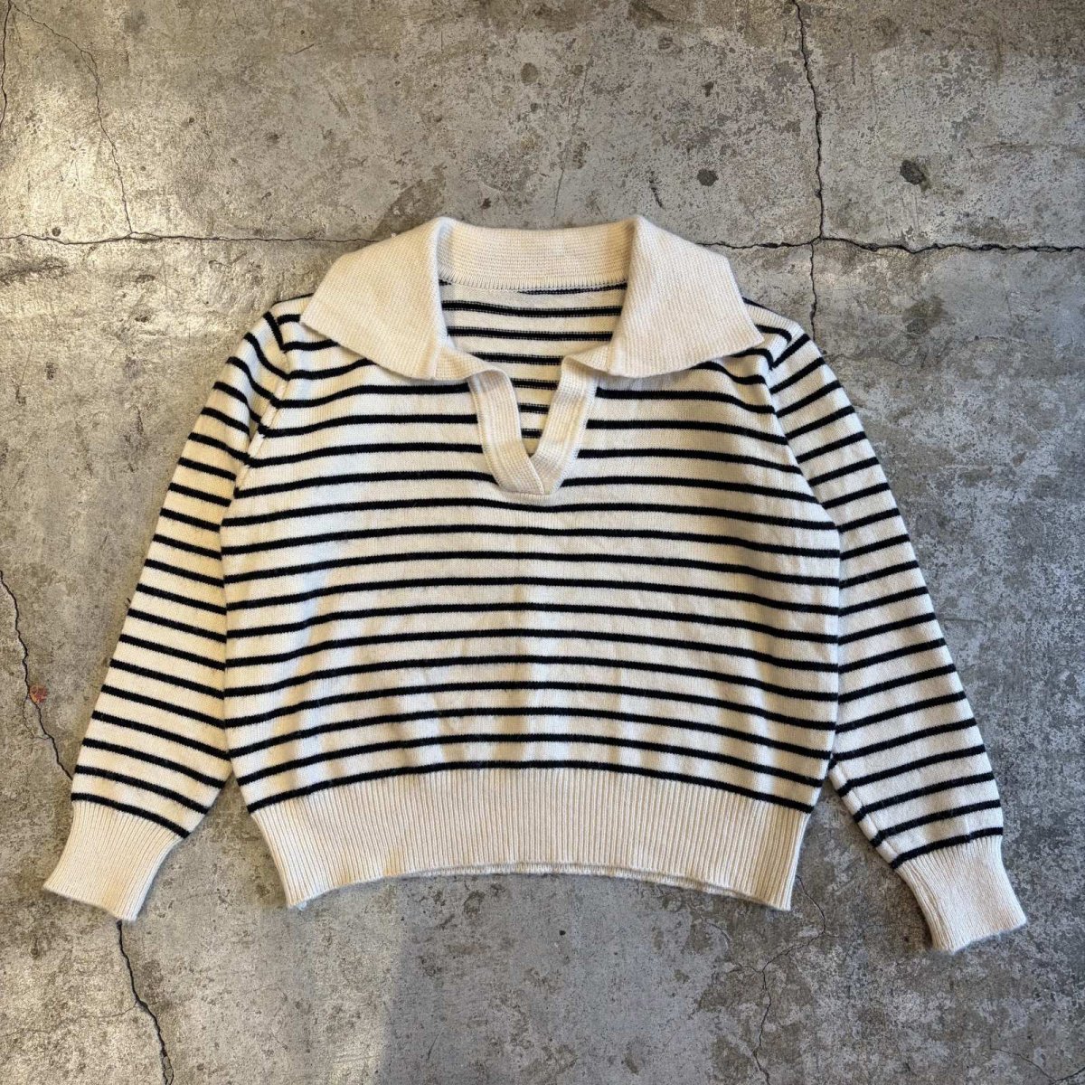 画像1: OPEN NECK COLLAR BORDER PATTERN KNIT TOPS / Ladies M (1)