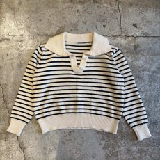 画像1: OPEN NECK COLLAR BORDER PATTERN KNIT TOPS / Ladies M (1)