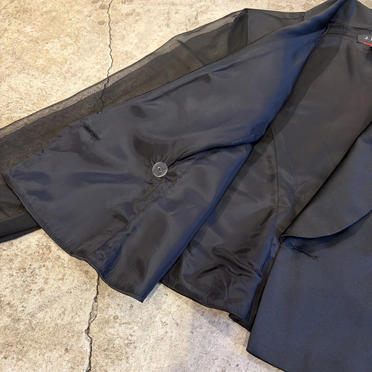 画像7: BLACK COLOR SLEEVE SHEER DESIGN SHORT DOUBLE JACKET / Ladies M / MADE IN USA (7)