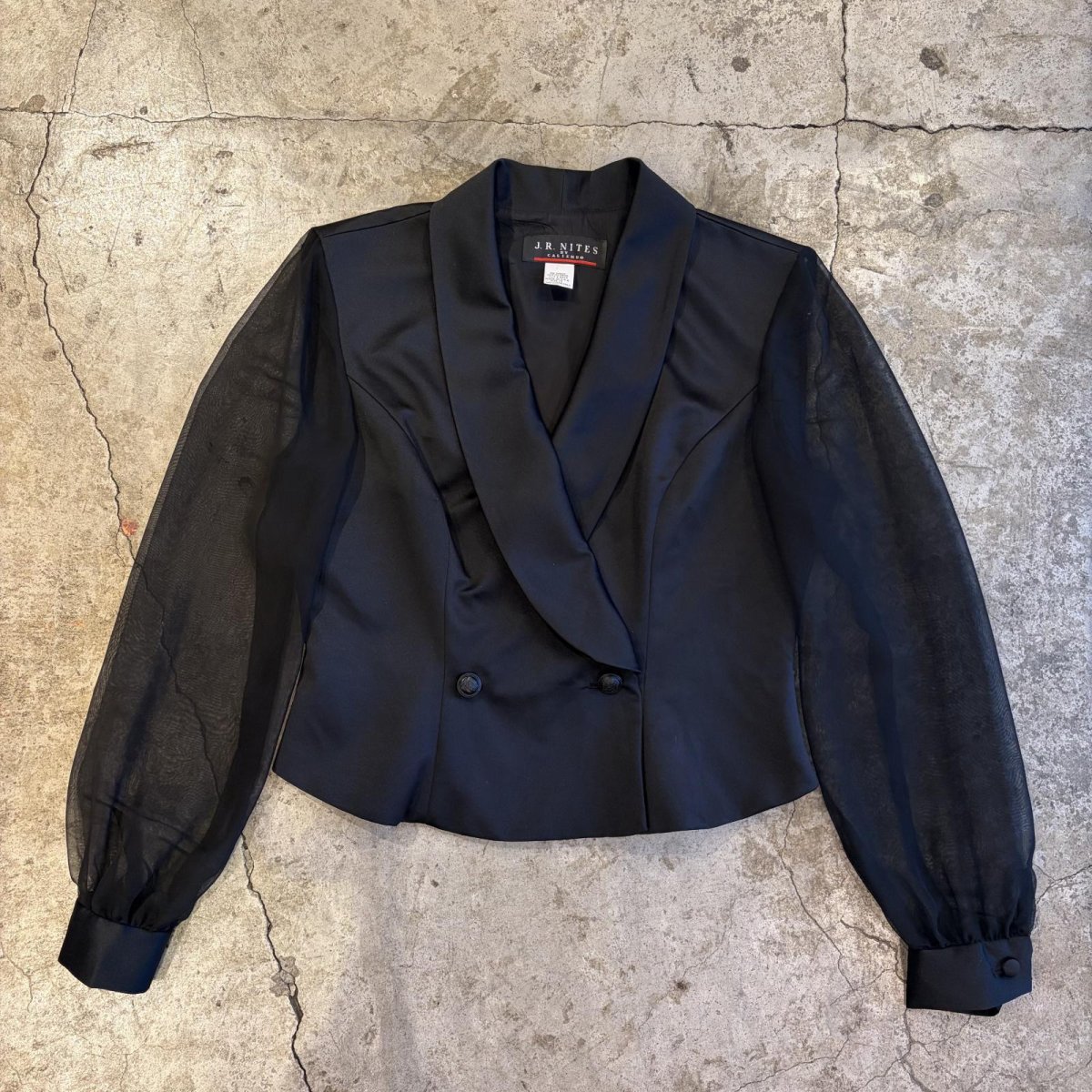 画像1: BLACK COLOR SLEEVE SHEER DESIGN SHORT DOUBLE JACKET / Ladies M / MADE IN USA (1)