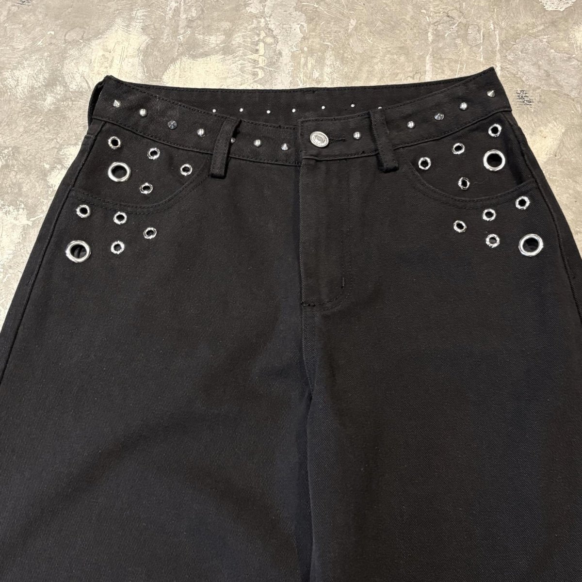 画像10: STUDS&EYELET DECORATIVE WIDE DENIM PANTS / W29 (10)
