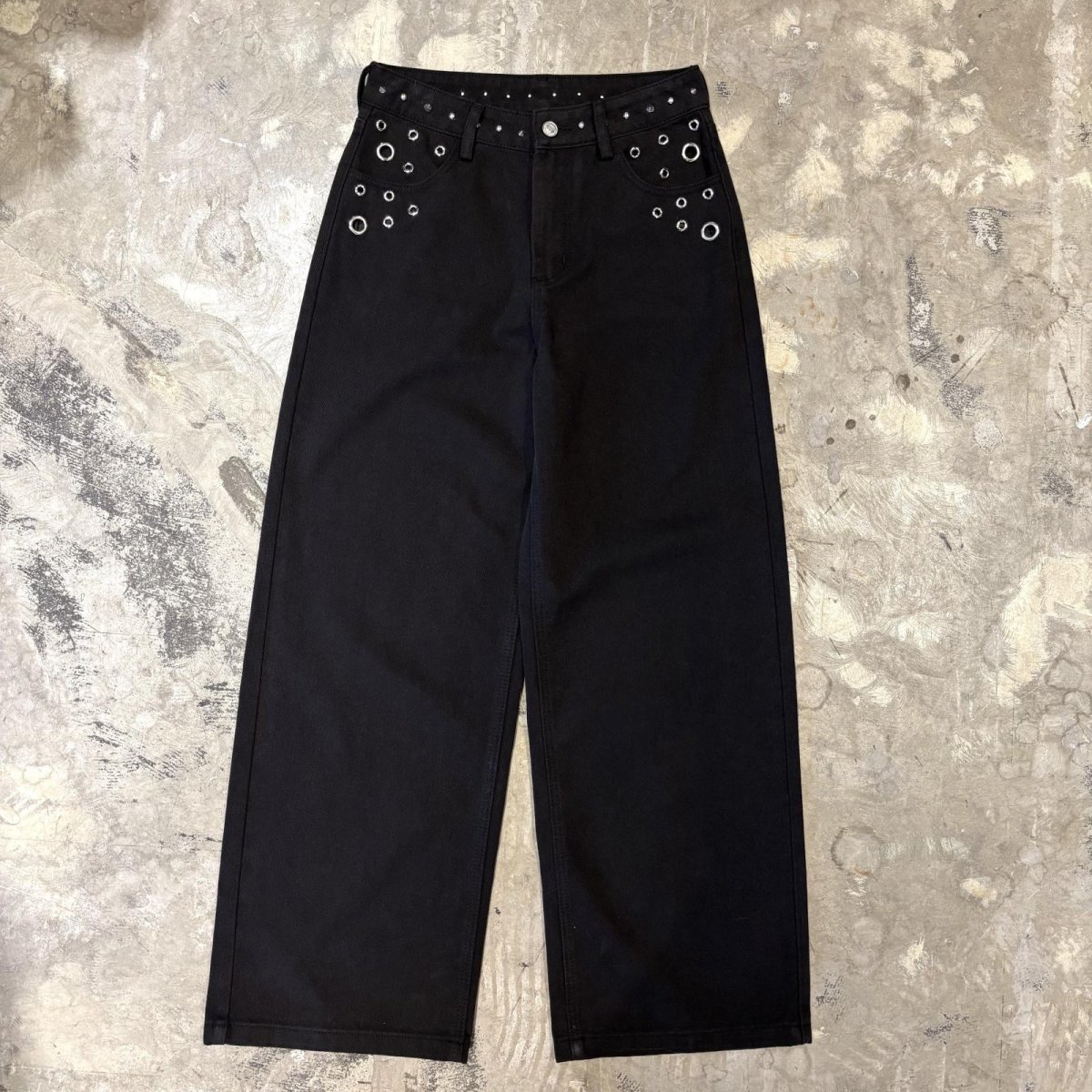 画像1: STUDS&EYELET DECORATIVE WIDE DENIM PANTS / W29 (1)