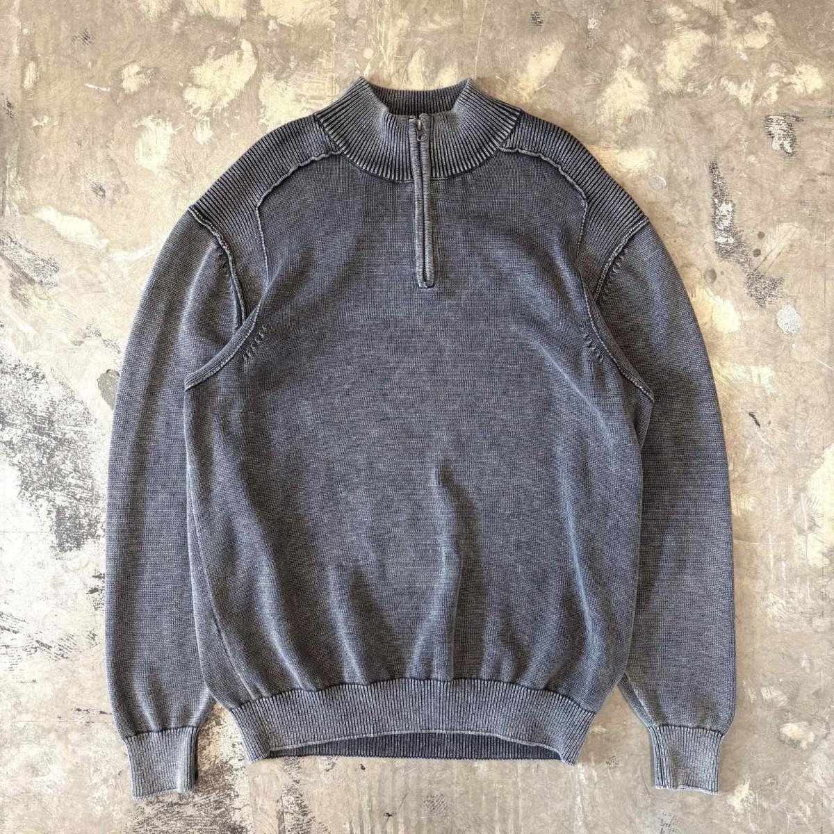 画像1: GRAY COLOR HALF ZIP COTTON KNIT SWEATER / Mens XL (1)