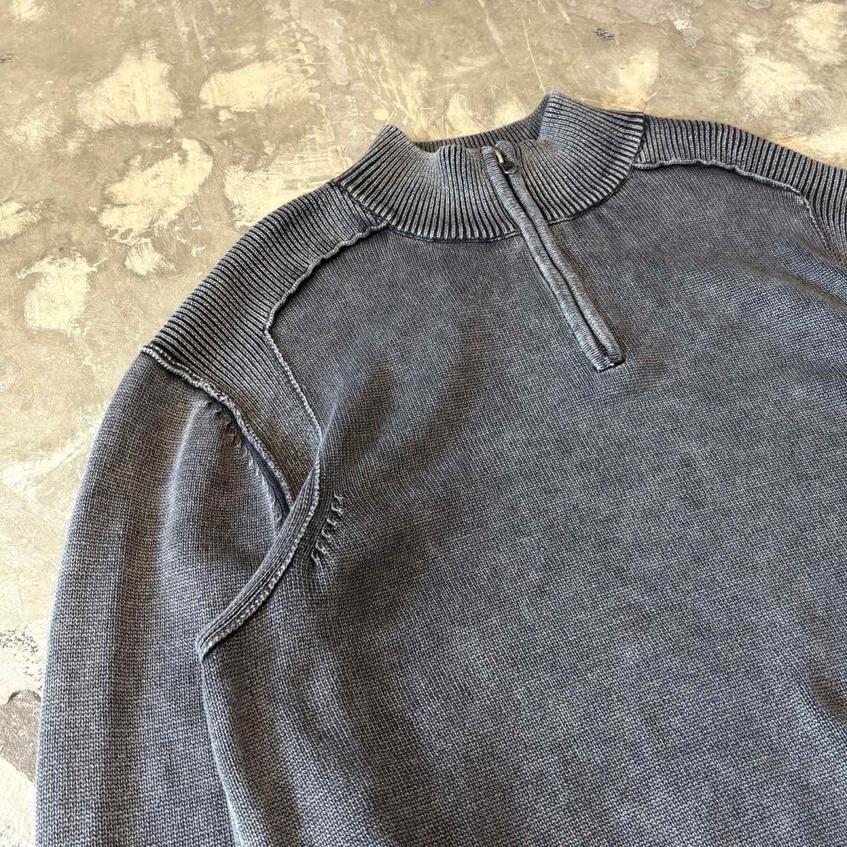 画像3: GRAY COLOR HALF ZIP COTTON KNIT SWEATER / Mens XL (3)