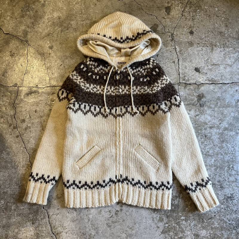 NORDIC PATTERN ZIP UP DESIGN HOODIE KNIT SWEATER / Ladies M